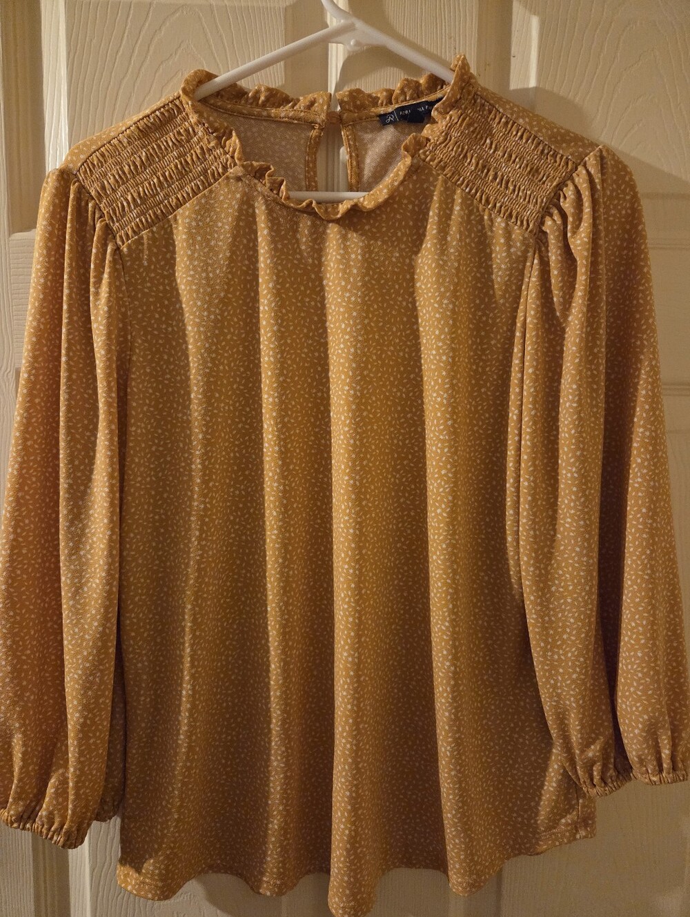 Adrianna Papell Mustard Yellow Smocked Shoulder Ruffle Neck Blouse